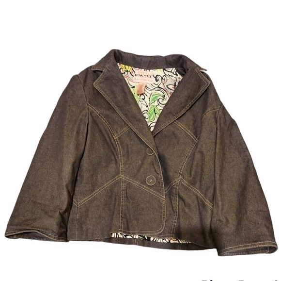 Bandolino Stretch Size 8 Denim Jean Jacket Size 8 Dark Black Denim Lined Floral - Picture 1 of 5